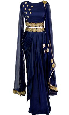 Saree is pre-stitched Saree is pre-pleated Saree is pre-made Stunning navy blue saree that has a pleated maxi skirt with floral motif work paired with cape-style cropped blouse. This set comes with sequin embellished drape! The fabric is modal satin and georgette.