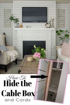 the inside of a living room with white walls and pink accents on the fireplace mantel