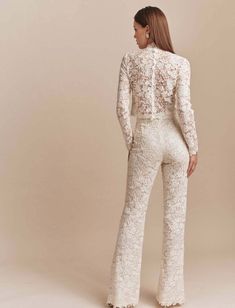 Val Pants - Mira Zwillinger Bridal Pants Outfit, Lace Pants Outfit Classy, White Lace Pants Outfit, Soiree Pants, Coat For Wedding, Lace Pants Outfit, Lace Suits, Lace Jumpsuit Wedding, Bride Pants