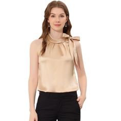 Womens Casual Satin Tank Tops Sleeveless Shirts from Allegra K, a great option for work, office and daily wear. Elegant sleeveless top, knot tie neck, stand Collar, casual camisole, which show your charming curves, make you chic and attractive. Sleeveless Satin Blouse is match great with jeans, flared skirt,work pants, wide leg trousers, office style pants or shorts. Create A Chic Look with This Office Blouses Shirt Tops. Classic solid color silky satin fabric, mock neck with cute side bow and s Affordable Elegant Tank Blouse, Affordable Elegant Sleeveless Blouse, Jeans Flared, Satin Tank Top, Knot Tie, Strap Crop Top, Work Skirts, The Office Shirts, Satin Blouse