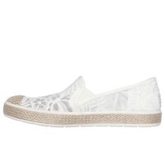 Bring on the sunny days in style and comfort with BOBS from Skechers Flexpadrille Luxe - Sheer Joy. This casual espadrille flat features a tropical floral lace upper with twin gore panels, crochet knit cap toe detail, jute midsole trim, and a cushioned Skechers Memory Foam insole. For every BOBS purchase, a donation is made to animals in need. | Skechers Women's BOBS Flexpadrille Luxe - Sheer Joy Slip-On Shoes | Medium Width | Skechers Memory Foam cushioned comfort insole | Crafted with 100% veg Skechers Memory Foam, Skechers Women, Knit Cap, Flat Espadrilles, Tropical Floral, White Style, Slip On Shoes, Low Profile, Sunny Days