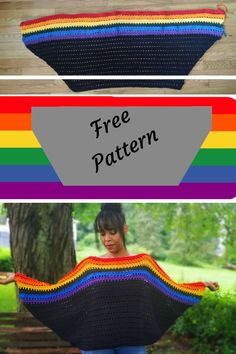 a woman is holding up a crocheted rainbow blanket with the words free pattern on it