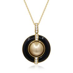 Vista Alegre - 10-12mm 14kt Yellow Golden Cultured South Sea Pearl Pendant Necklace, Onyx, .16ct t. w. Diamonds. 16". This truly luxurious pendant necklace features a luminous 10-12mm golden cultured South Sea pearl that gleams inside a dramatic 20x4mm carved onyx border. Finely crafted in polished 14kt yellow gold and sparked with .16 ct. t. w. round brilliant-cut diamonds for the perfect dose of dazzle. Suspends from a classic cable chain with a 2" extender. Lobster clasp, onyx, diamond and go Pearl Birthstone, Sea Pearl, South Seas, South Sea Pearls, Pearl Pendant Necklace, Round Brilliant Cut Diamond, Pearl Pendant, Cable Chain, Round Brilliant