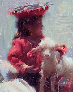 a painting of a girl with a red hat holding a white sheep in her lap