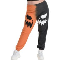 Be festive and comfy while you watch your Halloween favorites by slipping into a pair of Jack-o'-Lantern Sweatpants! These sweatpants feature a distressed paint finish half orange and half black with a sinister jack-o'-lantern grin on the front. The elastic waistband adjusts to your comfort with a drawstring closure and the pockets and elastic cuffs add an extra layer of comfort and convenience. pbAdult Black Orange Jack-o'-Lantern Sweatpants product details:-b-p ul li50% cotton and 50% polyester-li liElastic waistband with drawstring closure-li liSide pockets-li liElastic cuffs-li liReview the size chart for sizing information-li -ul pbCare Instructions:-b-p ul liMachine wash cold with like colors-li liTumble dry low-li liLow iron if needed-li liDo not bleach-li -ul Cotton Pants For Halloween Streetwear, Black Grunge Pants For Halloween, Casual Black Pants For Halloween, Grunge Cotton Pants For Halloween, Casual Pants For Streetwear And Halloween, Black Halloween Loungewear Pants, Casual Cotton Pants For Halloween, Orange Pants For Streetwear In Fall, Got Party