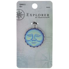 Capture the beauty of the heavens with handmade accessories using Iridescent Blue Moon Face Pendant! This pendant boasts a round, metal setting with triangular points that contains a glass face with a blue color that highlights a green iridescence. Simply attach its ring to your choice of necklace chain for an accessory that's uniquely yours! Details: 	 Length: 1 5/16" 	 Width: 1 1/16" 	 Metal Color: Silver Card contains 1 pendant. Blue Moon-shaped Metal Jewelry, Mystical Blue Round Jewelry, Blue Mystical Moon Charm Jewelry, Blue Moon Phase Round Pendant Jewelry, Mystical Blue Moon Charm Jewelry, Moon With A Face, Silver Card, Fiber Art Projects, Face Pendant