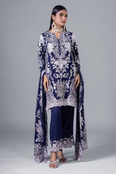 Khaadi EST24220 Navy Eid Prets 2024 Spring Formal Printed Lawn Suit, Elegant Digital Print Suits For Eid, Elegant Suits With Printed Motifs For Eid, Festive Fitted Suit With Printed Motifs, Elegant Fitted Suits With Printed Motifs, Blue Formal Sets With Digital Print, Elegant Wedding Suits With Digital Print, Printed Long Sleeve Suits For Formal Occasions, Formal Suits With Printed Motifs And Long Sleeves