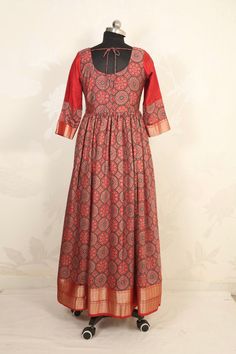 Size 34-38 Hand embroidery on yoke with Ajrakh flare dress Traditional Cotton Silk Maxi Dress, Navratri Cotton Silk Maxi Dress, Traditional Floor-length Cotton Silk Dress, Chanderi Maxi Dress For Navratri, Navratri Chanderi Maxi Dress, Festive Cotton Silk Maxi Dress, Festive Maxi Length Cotton Silk Dresses, Bollywood Cotton Silk Dress With Printed Motifs, Cotton Silk Maxi Dress With Zari Work