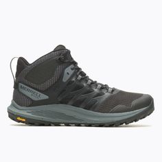 the men's hiking shoe is black and grey