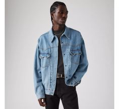 Western Trucker Jacket - Medium Wash | Levi's® US Western Style Long Sleeve Outerwear For Work, Western Style Workwear Outerwear, Western Style Long Sleeve Workwear Outerwear, Classic Long Sleeve Outerwear For Rodeo, Casual Spring Outerwear For Rodeo, Western Style Outerwear For Work, Western Style Outerwear With Button Closure For Work, Classic Fall Outerwear For Rodeo, Classic Levi's Outerwear With Snap Buttons