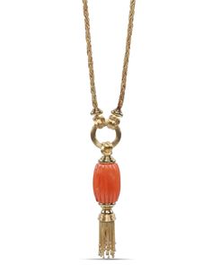 Estate Jewelry Coral Tassel Necklace 18k gold Coral 242.64 total carat weight Tassel design Carved detailing Gold bail Twisted rope chain Box clasps with lock Luxury Formal Tassel Jewelry, Elegant Yellow Gold Jewelry With Tassels, Rope Chain, Estate Jewelry, Tassel Necklace, Tassels, 18k Gold, Coral, Chain