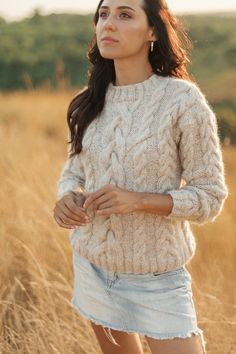 Beige cable knit  women pullover wiht round neck. Product Details:• 100% hand knit • 75% alpaca, 25% merino wool.Regular fit.Size: S(4-6) M(8-10) L(12-14)SWidth : 46/48 cmLength: 58/60 cmMWidth : 50/52 cmLength: 60 cmLWidth : 54 cmLength: 62 cmPlease let me know your size. It is made for order. If you would like me in other size, you could request a custom order with your own parameters:your height, bust and length of the sweater from the shoulder in cm.  Or add your comments about length and сo Fall Mohair Cable Knit Sweater, Beige Mohair Sweater, Fall Textured Knit Alpaca Sweater, Alpaca Crew Neck Sweater, Casual Alpaca Textured Knit Sweater, Cream Knitted Alpaca Sweater, Cream Long Sleeve Alpaca Sweater, Alpaca Crew Neck Sweater In Chunky Knit, Alpaca Crew Neck Sweater With Chunky Knit