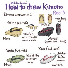 an image of how to draw kimono part 3 in english and japanese language with pictures on it