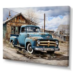 an old rusty blue truck parked in front of a run down building on the street