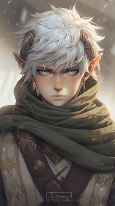 an elf with white hair and green eyes is wearing a scarf over his head, while he