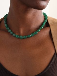 The stones used in JIA JIA's jewelry are carefully hand-selected, making each piece truly one-of-a-kind. This necklace is made from gold and strung with vibrant emerald quartz. Adjust the chain between 16- and 17-inches, depending on your neckline and other styles you may layer it with. Luxury Oval Jade Necklaces, Luxury Jade Necklace For Formal Occasions, Luxury Formal Jade Necklace, Elegant Jade Gemstone Necklaces, Elegant Jade Necklace With Gemstone, Green Single Strand Necklace For Formal Occasions, Formal Fine Jewelry Jade Necklace, Elegant Single Strand Round Emerald Necklace, Elegant Green Single Strand Necklace