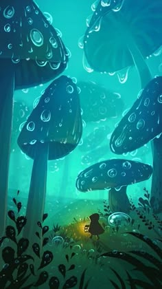 a painting of mushrooms in the middle of a forest