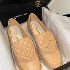 2023 Nwt Never Worn! 100% Authentic Chanel Loafers Beige With Turn Lock Size 37.5 Includes: Box, Loafers, And Two Dust Bags! Impossible To Find! Open To Reasonable Offers! Happy Shopping! Beige Moccasins With Leather Footbed, Beige Almond Toe Calf Leather Loafers, Designer Beige Slip-on Loafers, Beige Flat Leather Shoes With Branded Insole, Beige Flat Heel Moccasins With Removable Insole, Beige Moccasins With Branded Insole And Round Toe, Luxury Leather Moccasins For Spring, Luxury Cream Loafers With Round Toe, Chic Leather Flat Moccasins