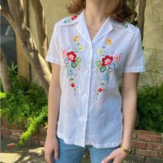 Vintage Hand Embroidered Short Sleeve Blouse Color Embroidered Cotton Blouse Size - Small - Brand New - Never Been Worn - 100 % Cotton Casual Collared Blouse With Floral Embroidery, Embroidered Cotton Collared Blouse, Spring Collared Top With Floral Embroidery, Spring Embroidered Short Sleeve Fitted Top, Casual Embroidered Collared Blouse, Casual Collared Blouse With Embroidery, Fitted Embroidered Short Sleeve Top For Spring, Casual Fitted Embroidered Top With Short Sleeves, Fitted Short Sleeve Embroidered Top For Spring