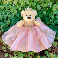 a teddy bear wearing a pink dress sitting in the grass next to some green leaves