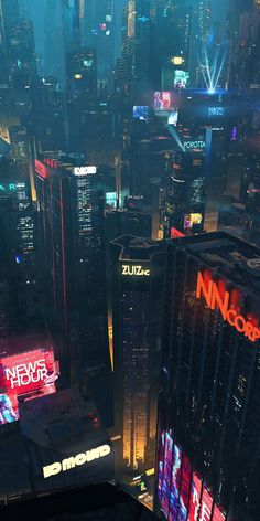 an aerial view of a city at night with neon signs and buildings in the background