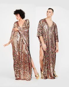 The Sequin Kaftan // RAINBOW GOLD – kaftko Sparkling Dress Outfit, Sequin Caftan, Sequin Kaftan, Studio 54 Fashion, Glam Disco, Disco Glam, Disco Style, On The Dance Floor, Disco Outfit