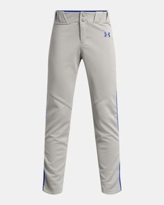 the under armour baseball pant in grey with blue piping on the side and cuffs