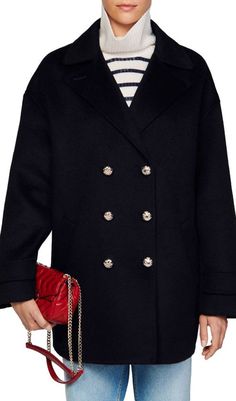 Introducing our refined PEA COAT, a timeless piece crafted with the finest materials. Its classic design exudes sophistication and its versatile functionality ensures warmth and style in every wear. Elevate your wardrobe with this luxurious and exclusive must-have. Oversized lapel Long sleeves, bracelet tabs Front double-breasted button closures Side welt pockets Lined Main: 100% wool; lining: 100% polyester Dry clean Colour may vary due to lighting on images. The product images (without model) Pea Coat Women, Wool Pea Coat, Silk Blouses, Pea Coats Women, Sandro Paris, Wool Peacoat, Coat Women, Pea Coat, Gold Buttons