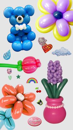 balloons and flowers are arranged on a white background