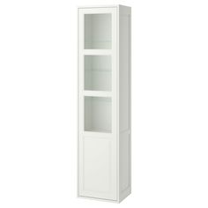 a tall white cabinet with glass doors on the front and bottom shelves, against a white background