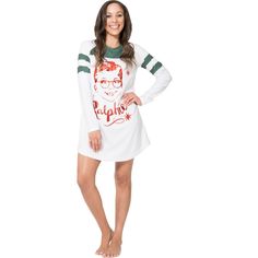 Get ready for the holidays by cozying up to classic holiday movies on the couch in this A Christmas Story Ralphie raglan nightgown. The gown features Ralphie's face on front, green and white striped sleeves and is made from a comfortable, soft fabric that will warm you on winter nights. For questions regarding sizing, please refer to size chart. Size: medium. Gender: female. Age Group: adult. Pattern: Fictitious Character. Material: Polyester. Pajama Shirt Dress, Classic Holiday Movies, Christmas Nightgowns, Holiday Movies, Outdoor Sportswear, Sleep Clothes, Pajama Dress, Soft Pajamas, Women's Nightgowns