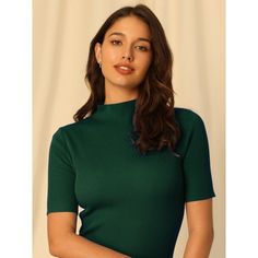 Keep your look casual and elegant in cool weather with this basic knitted top from Hobemty, featuring a mock neck and half sleeves. Pair it with a tailored skirt or wide-leg pants and heels for a chic office look. Comfortable and casual, this mock neck knitted top is perfect on its own or as a layer under a blazer or jacket. This blouse can be a perfect addition to almost any outfit from formal to daily wear, great for work, meeting, office, businesses, work, party, cocktail, wedding, casual, da Green Fitted Casual Turtleneck, Green Knit High Neck Top, Green High Neck Knit Top, Green High-neck Knit Top, Fitted Solid Color Short Sleeve Knit Top, Fitted Short Sleeve Solid Color Knit Top, Solid Ribbed Short Sleeve Knit Top, Casual Fitted Knit Mock Neck Top, Fitted Solid Color Knit Top With Short Sleeves