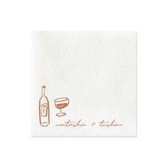 a white napkin with an orange wine bottle and glass on the front, in red ink