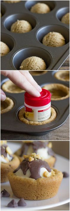 there is a cupcake being dunked into a muffin tin