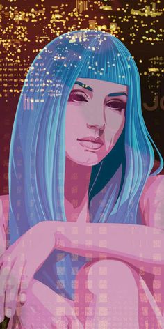 a digital painting of a woman with blue hair in front of a cityscape