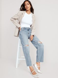 Mid-Rise Boyfriend Loose Ripped Jeans for Women | Old Navy Womens Ripped Jeans, Ripped Boyfriend Jeans, Loose Jeans, Petite Jeans, Back Patch, Light Wash Denim, Petite Size, Belly Button, Ripped Jeans