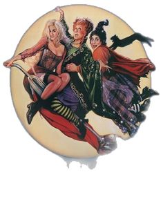 a painting of three witches flying through the air with their arms around each other and legs spread out