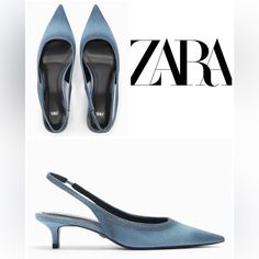 Genuine Zara New With Tag Material: Fabric Upper Color: Denim Blue Low Heel Slingbacks In Blue Denim. Modern & So Chic! Pointed Toes. Euro Size 39 Chic Denim Heels With Pointed Toe, Denim Heels With Pointed Toe For Evening, Summer Evening Denim Heels, Blue Slingback Pumps For Work, Chic Denim Heels For Formal Occasions, Chic Formal Denim Heels, Spring Formal Denim Heels, Blue Pointed Toe Slingback Pumps For Spring, Blue Slingback Pumps For Spring Workwear