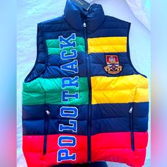 Nwt Polo By Ralph Lauren Multi Colored Down Vest Multicolor Cotton Winter Vest, Navy Color Block Outerwear For Winter, Multicolor Cotton Color Block Outerwear, Casual Multicolor Patchwork Vest, Multicolor Fitted Winter Vest, Winter Multicolor Fitted Vest, Fitted Multicolor Vest For Winter, Sporty Multicolor Outerwear With Pockets, Man Down