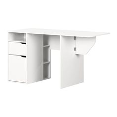 a white desk with two drawers and a shelf on the top, in front of a white background