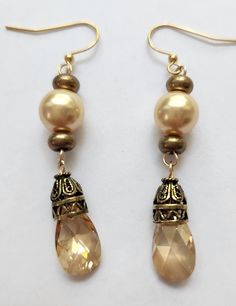 Victorian Style Earrings, Crystal Golden Shadow Drops, Antique Gold Components, Gold Crystal Pearls, Gold Filled Ear Wires Victorian Style Earrings, Golden Shadow, Earrings Crystal, Gold Crystal, Antique Earrings, Gifts Wedding, Style Earrings, Crystal Pearls, Victorian Style