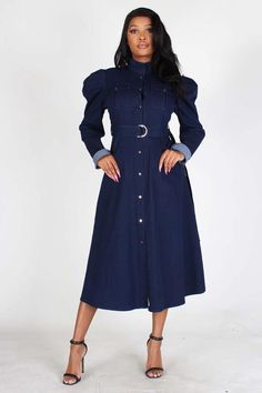 Puff Sleeve Denim Midi Dress Dress Colors, Denim Midi Dress, Button Down, Long Puff Sleeves, Button Down Dress, Light Denim, Dolls House, Dark Denim, Dress Fabric