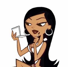 an animated woman with black hair and big hoop earrings holding a glass in her hand