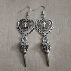 Gothic Victorian Raven Bird Skull Earrings With Hears And Crosses Silver Gothic Jewelry, Raven Earrings, Raven Bird, Gothic Fairy, Jewelry Gothic, Fairy Jewelry, Gothic Victorian, Goth Jewelry, Medieval Jewelry