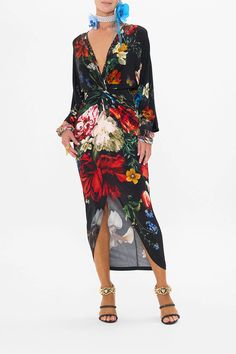 Long Split Front Twist Dress in A Still Life Front Twist Dress, Twist Dress, Button Outfit, Twisted Dress, Bodysuit Blouse, Bold Floral Print, Statement Sleeves, Twist Knot, Jumpsuit Shorts Rompers