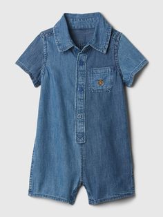 Soft knit denim one-piece.  Point collar, front button placket.  Short sleeves.  Patch pocket at chest.  For more fit and sizing info, check out our Size Guide. Knit Denim, Gap Denim, Baby Items, Button Placket, Soft Knits, Toddler Boys, Capsule Wardrobe, Chambray