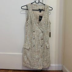 Nwt Double Breasted Tweed Sleeveless Dress In Tan/Cream. Perfect For Fall! Sleeveless Tweed Dresses For Spring, Spring Sleeveless Tweed Mini Dress, Sleeveless Tweed Mini Dress For Spring, Forever 21 Sleeveless Fall Dress, Fall Cream Sleeveless Dress, Cream Sleeveless Dress For Fall, Wednesday Costume, Blue Floral Sundress, Short Fitted Dress