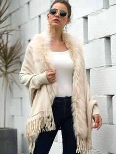 Debbie Fur Collar Bohemian Oversized Women Cardigan Chic Winter Fringe Outerwear, Cozy Long Sleeve Outerwear With Fringe, Winter Long Sleeve Outerwear With Tassels, Winter Outerwear With Tassels And Long Sleeves, Beige Fringed Winter Outerwear, Oversized Fringe Sweater For Winter, Winter Cape With Tassels, Long Sleeve Fringe Poncho, Oversized Bohemian Outerwear With Fringe