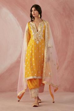 Shop for Sureena Chowdhri Yellow Silk Chanderi Kurta Salwar Set for Women Online at Aza Fashions Sureena Chowdhri, New Suit Design, Gota Patti Suits, Embroidered Salwar, Haldi Outfit, Chanderi Kurta, Lehenga Designs Simple, Yellow Suit, Salwar Designs