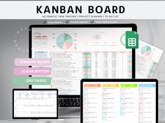 the kanban board is displayed on multiple monitors and laptops, all with their own calculator